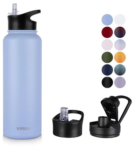 MURBONE Insulated Water Bottle, 1.2L Stainless Steel Drink Flask with Straw, BPA Free, 2 Lids (Straw Lid and Spout Lid), Leakproof Double Walled Vacuum Water Bottle, Blue