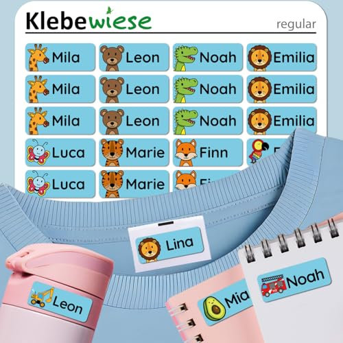 Klebewiese® - Namensaufkleber für Kinder (240 Stück) - Kleidung und Gegenstände - waschmaschinenfest und personalisiert (Farbe: Blau)