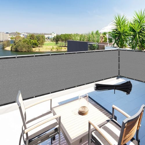 Attaches de câble et brise-vue gris de 1,2 x 1,5 m en tissu d'ombrage pour clôture à maillons de chaîne, balcon, terrasse, piscine, balustrade, porche, aire de jeux, cour, jardin, ferme