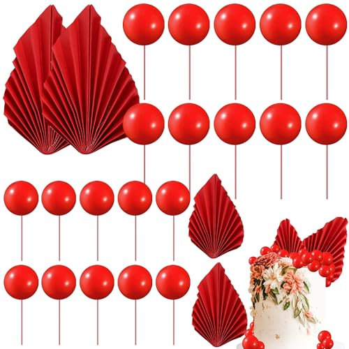 Xsstarmi 28 Pack Paper Palm Fan Cake Topper Balls Cake Pick for Baby Shower Wedding Bridal Shower Birthday Party Cake Decorations Supplies Red