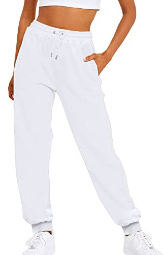 Pantaloni eleganti da donna tinta unita con coulisse elastico in vita casual piede allentato pantaloni della tuta in pile pantaloni da donna tute, bianco, M