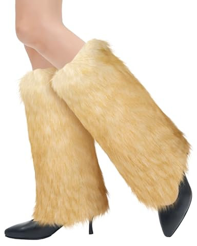 XEPST Faux Fur Fuzzy Leg Warmers Furry Boot Covers for Women, Women's Fur Leg Warmers Warm Fuzzy Boot Cuff Boot Sleeves for Party Costumes, Tie Dye Style, White + Gold