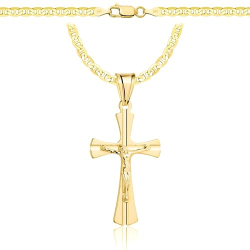 AMAR OPRAVA Gold Damen/Herren Kette mit einem 925/585 Kreuz, original geflochten, Breite 3,8 mm, Goldkette- Halskette Herren Damen Schmuck Königskette 60 cm