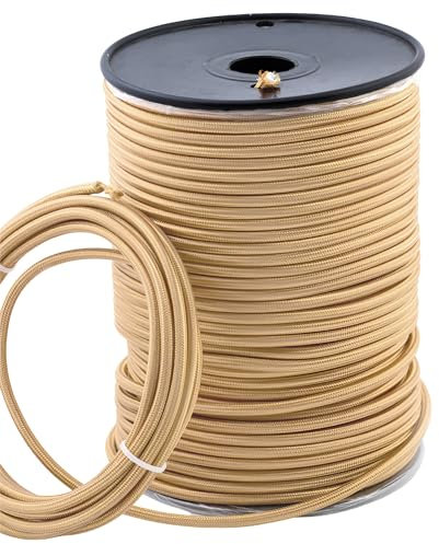 5 Meter Light Gold Fabric Electrical Wire Cable for Indoor Fabric Covered 2 Core Antique Lamp Cables Electrical Rope Braided Electrical Cord Retro Flex Lighting Braided Cables