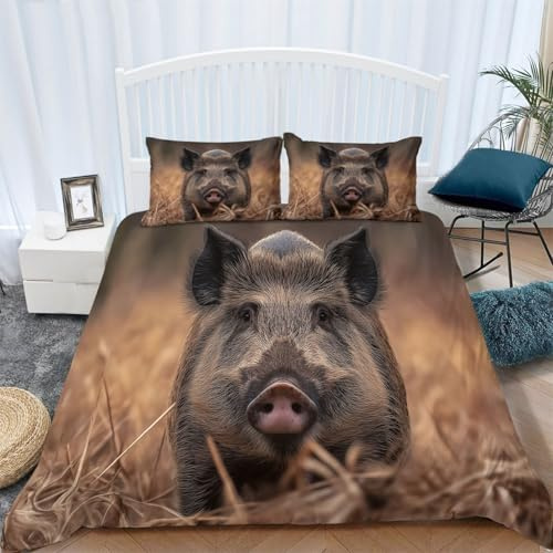 Generisch Bettbezüge 135 x 200 cm Wildschwein im Tiergras Bettbezug Set 3 Teilig Weiche Microfaser Bettwäsche Bettdeckenbezug mit Reißverschluss und 80x80cm Kissenbezüge, grau
