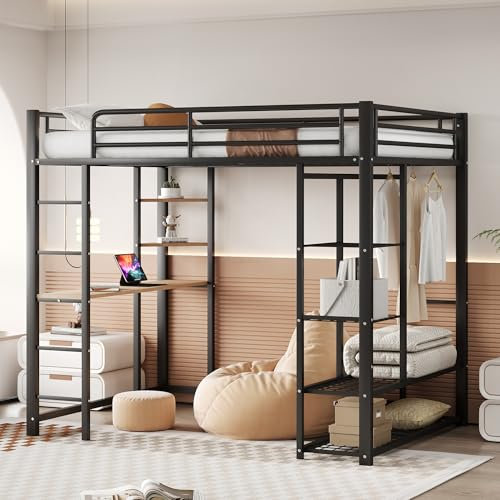 Hochbett Erwachsene, Doppelbett 140x200cm, Kinderbett, Jugendbett, mit Schreibtisch und Aufbewahrungsregal, Bettgestell mit Lattenrost aus Metall, Rausfallschutz Metallbett, Ohne Matratze, Schwarz