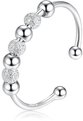 Cangall Silber Anxiety Rings, 925 Sterling Silber Damen Stimmungsringe, Offen Verstellbar Anti Stress Ringe, Fidget Spinner Akupressur Ringe, Unisex Angst Ringe für Anxiety Frauen Mädchen Männer