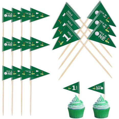 20pcs Golf Themed Toothpick Flags, Hole in One 1st Birthday Cocktail Picks Golf Cupcake Triangle Toothpick Toppers Mini Stick Cake Toppers Flags for Party Bar Food Decorations Celebration