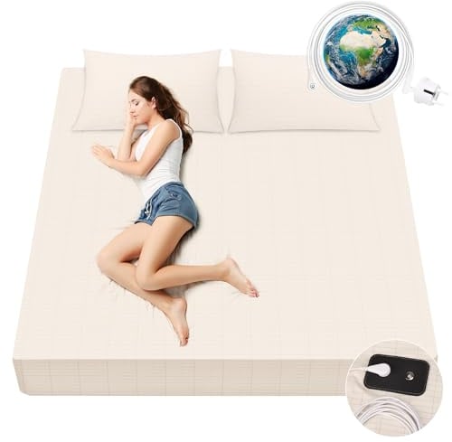 VigorVortex Erdungs-Spannbetttücher 90% Bio-Baumwolle und 10% Silberfaser Erdungsbettlaken mit EU Erdungskabel für Besseren Schlaf 100x200cm Beige