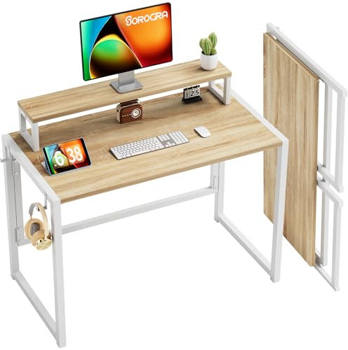 SOROGRA Small Folding Desk 100cm, Foldable Computer Desk with Monitor Stand, Easy Assembly Portable Table for Small Spaces and Home Office, Oak