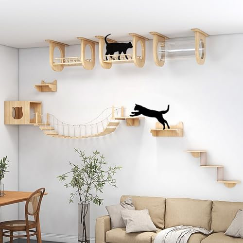 YLLSMGS Katzen Kletterwand Katze Wandelement Set 9-teilig Massivholzregal mit Bett Tunneln, Brücken, Plattformen und Kratzbäumen