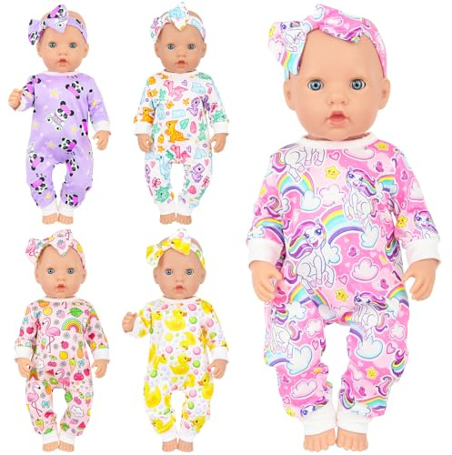 K.T. Fancy 5 Sets Baby Doll Clothes and Accessories for 14-18 Inch Dolls , Soft Cotton Bodysuit Outfit with Butterfly Headbands(No Doll)