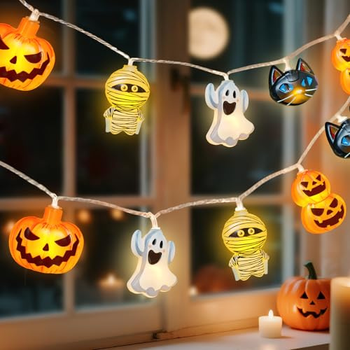 Smilfree Halloween Lichterkette, 3M 20 LED mit Fernbedienung & Timer | Halloween Deko mit Kürbis, Geist, Mumie & Katze, 8 Modi für Garten, Fenster, Party, Halloween Dekoration Innen & Außen