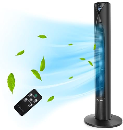 Taylor Swoden 28dB Ventilador de Torre Silencioso con Mando, 4 Modos(Incluye ECO) y 3 Velocidades, Temporizador 12H, Pantalla LED, Oscilación 70°, Sin Aspas, Ideal para Casa/Oficina/Dormitorio, 45W
