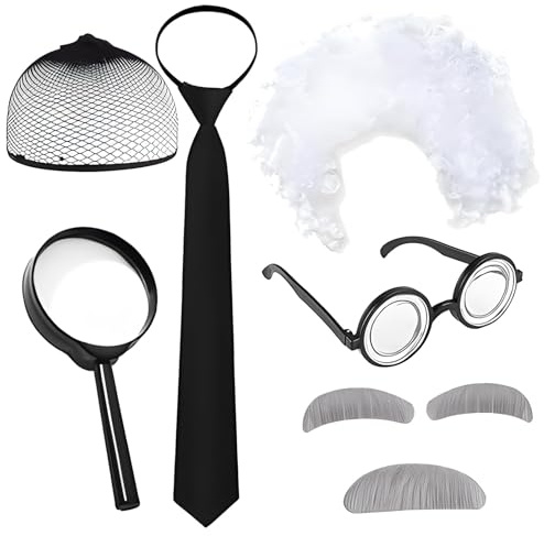 6-teiliges verrücktes Wissenschaftler-Kostüm, inklusive krauser weißer Perücke, Brille, Haarnetz, lustige Schnurrbärte, Augenbrauen, Krawatte und Lupe, Kinder-Wissenschaftskostüm für Festival, Party