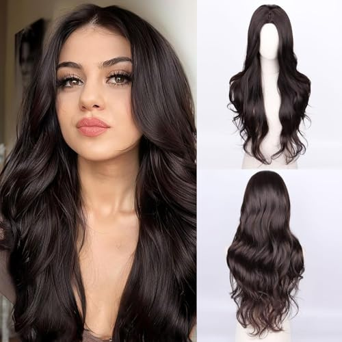 Fulang Hair Lange Gewellte Dunkelbraun Perücke für Frauen, Lange Lockige Hitzebeständige Faser Synthetische Perücke Ombre Perücken, peruka damen natürlich haare für den täglichen
