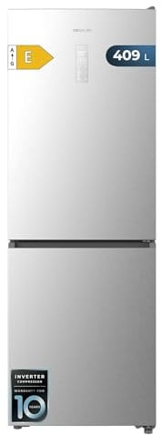 Cecotec Frigorifero Combinato 409L No Frost Bolero CoolMarket Combi 409 Inox E. Altezza 185cm, MAX INSIDE con VIP Tech, Compressore Inverter Plus, Basso Consumo, Cassetto Temperatura Variabile, Inox