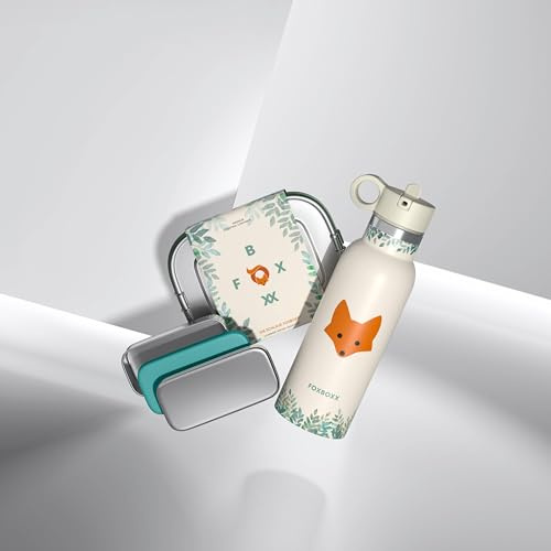 FOXBOXX SCHULE Kinder-Set – ÖKO Lunchbox Edelstahl + FOX Trinkflasche isoliert + Bürste – auslaufsicher, BPA-frei (panna cotta 500ml, 800ml special)