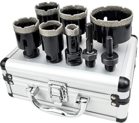 REAWI 8-Piece Diamond Core Drill Bit Set with M14 Thread & Adapters for Angle Grinder, Drill, SDS Plus Hammer - for Porcelain, Tile, Granite, Marble, Stone - Includes Storage Case