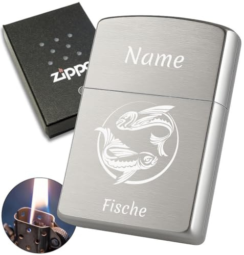 Personalisiertes Feuerzeug mit Gravur, hergestellt mit Zippo Sturmfeuerzeug Chrome Brushed, Geschenkidee für Männer, Papa, Freund (Sternzeichen)