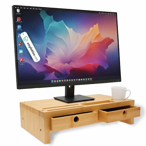 pixly® Monitorständer mit Schubladenfächer 42x24x10,5 cm ergonomische Monitorerhöhung Holz mit Stauraum Schreibtisch Organizer nachhaltiger Bildschirmhalter Bildschirm & Computer Tisch mit Fächern