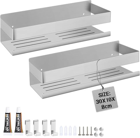 EXLECO 2 × 30CM Duschablage ohne Bohren 2 × 30CM Duschregal Wand Edelstahl | Duschkorb mit 4 Haken zum Bohren Bad Organizer Regal Badezimmer Aufbewahrung Wandregal für Shampoo Duschgel 7,5cm Hoch Silber