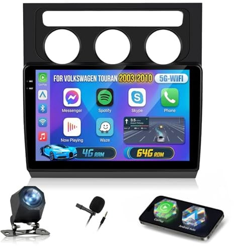 NHOPEEW 4+64G Android Radio para coche para Volkswagen Touran 2003-2010 con Carplay Android Auto - Pantalla incell de 10 pulgadas Compatible con WiFi GPS Control en el volante + Cámara de marcha atrás