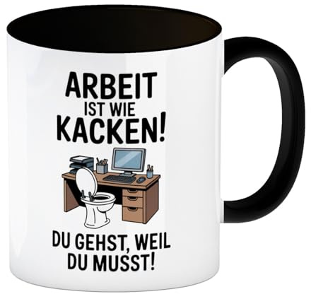 speecheese Kaffeebecher in schwarz Klo am Arbeitsplatz | Arbeit ist wie kacken Lustiger Spruch für das Büro, ideal für Tasse-Sammler