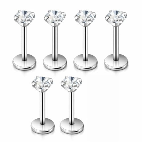 Tragus Piercing Jewellery, Surgical Steel CZ Studs, 6 Pcs, 20G 6/8mm | Surgical steel labret studs with cubic zirconia for tragus, cartilage, helix, lip and lobe piercings for daily wear