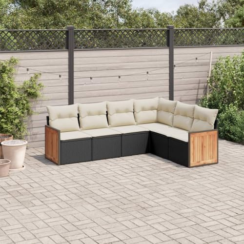 RMIHSJG Ensemble de 6 canapés de jardin avec coussins noirs en polyrotin - Design modulaire - Groupe de sièges en rotin synthétique - Rembourrage confortable - Housses amovibles pour terrasse