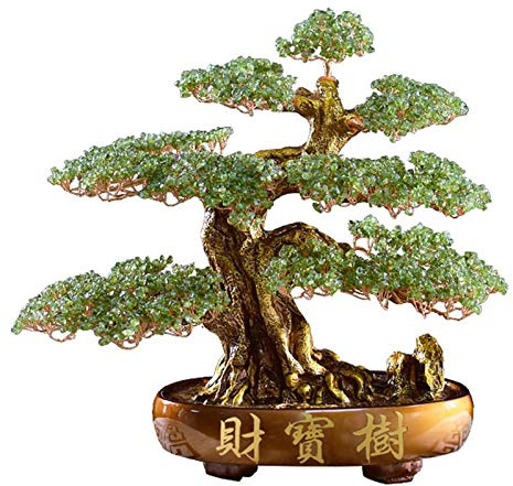 Money Tree Bonsai Figurine - Feng Shui Decoration for Wealth and Luck with Crystals and Stones, Perfect Gem Decor for Home and Office