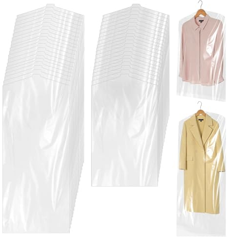 Plastic Clothes Covers 40 Pack, 60 x 90 cm and 60 x 140 cm, Dust Proof | Clear, Hanging, Dry Cleaning Bags, for Shirt, Suit, Jacket, Clothing Store, Dry Cleaner Essentials