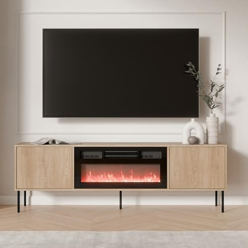 Dmora Mobile Porta TV Castelo 180x40x60h cm Marrone Un Ripiano 2 Ante, Caminetto Incluso