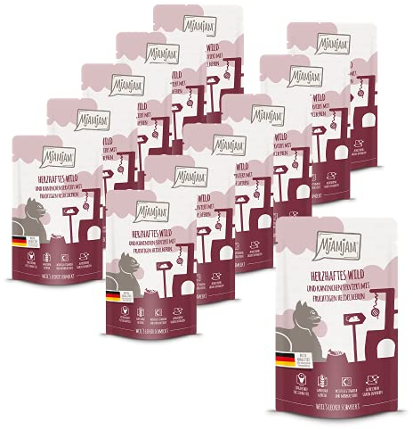 MjAMjAM - Premium Nassfutter für Katzen - Quetschie - herzhaftes Wild & Kaninchen an fruchtigen Heidelbeeren, 12er Pack (12 x 125 g), getreidefrei mit extra viel Fleisch