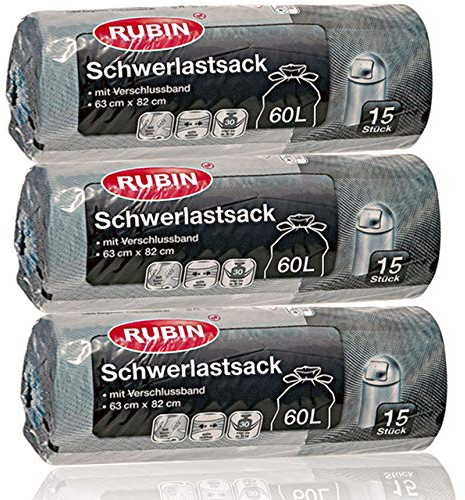 60 Liter Schwerlast Abfallsäcke - 3er Pack 45 Stück (3 x 15 Stück) - Rubin Extra stark, reißfest & durchstoßsicher - Für Haushalt, Garten und Renovierung