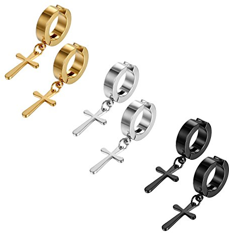 JewelryWe Schmuck 3 Paar Unisex Creolen Ohrringe Edelstahl Kreuz Ohrhänger ohne Loch Fake Ohrstecker Ohrclips Klappcreolen Huggie, Silber Gold Schwarz