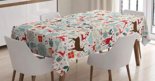 ABAKUHAUS Weihnachten Tischdecke, Weinlese Weihnachts, Druck mit Klaren Farben ohne Verblassen Waschbar für innen oder Außen Bereich, 140 x 200 cm, Benzinblau Braun und Rot