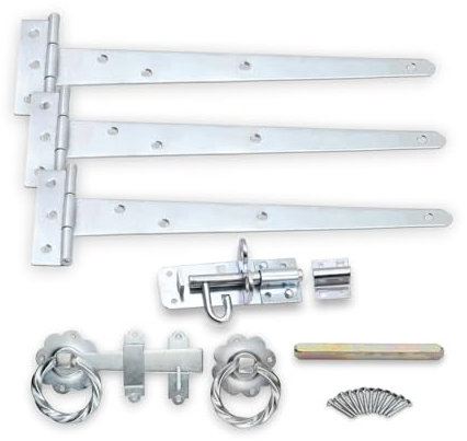 Infinity Decor Garden Gate Fitting Kit in Zinc for Wooden Garden Gate, Shed, Barn for External Use - 3x10” 250mm Tee Hinges, 1x6”Twisted Ring Latch & 1x4 Brenton Bolt in Premium Quality