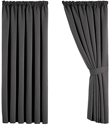 Aspire Homeware Grey Blackout Curtains Thermal Pencil Pleat Curtains 66x72 Blackout Curtain for Bedroom Living Room Window Curtain 2 Panels + 2 Tie Backs (167 x 183 CM)