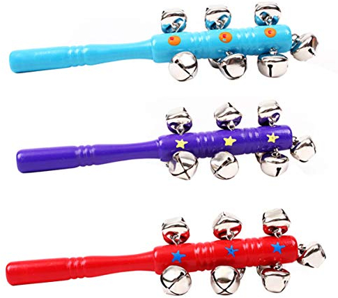 TOYANDONA 3pcs Wooden Jingle Hand Bells Christmas Wooden Bells Jingle Stick Rattle Shaker Toys Baby Kids Children Wood Musical Toys Random Color