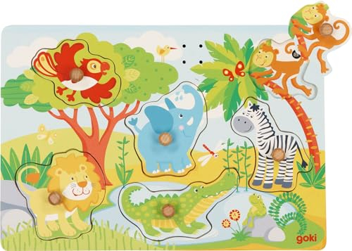 goki 57398 – Steckpuzzle Afrikanische Tiere, Klangpuzzle mit Tierstimmen - 6 Teile - Soundpuzzle aus Holz
