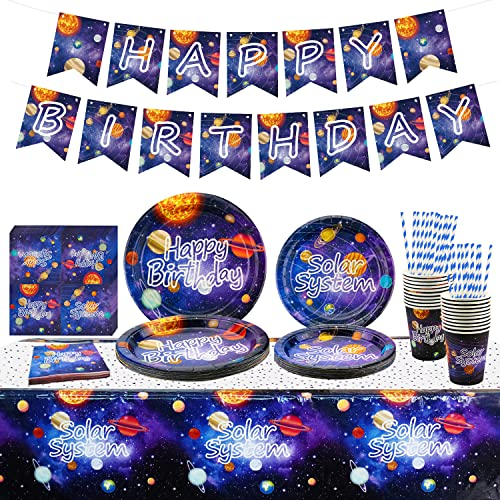 Outer Space Party Supplies - Solar System Galaxy Planet Theme Happy Birthday Banner, Plates, Napkins, Cup and Tablecloth for Boys Party Decorations, Serves 20 Guests