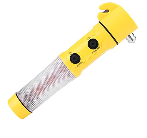 Akozon Marteau de sécurité pour voiture 4 en 1, marteau d'échappement d'urgence pour voiture, coupe-ceinture de sécurité, lampe torche LED, torche d'avertissement, balise