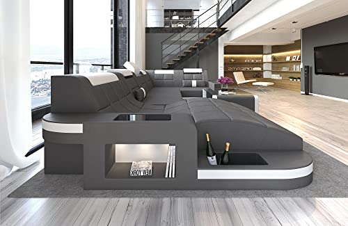 Wohnlandschaft Wave U Form Sofa in Leder - mit LED Beleuchtung, verstellbare Kopfstützen, Recamiere/Lederfarben wählbar/Ausrichtung wählbar (Ottomane Links, Grau-Weiß)