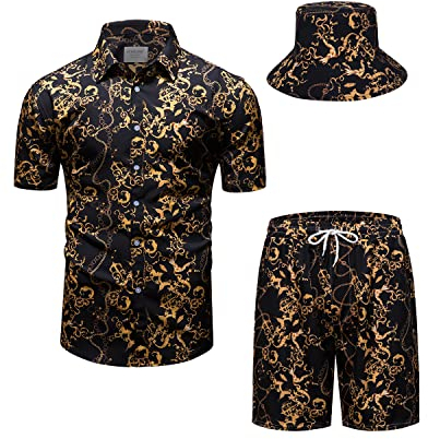 fohemr Herren barock 2-Teiliges Outfit Gold Chain Muster Schwarz Hemd shorts mit Eimerhut Freizeitanzug Sommer Urlaub Strand set Large