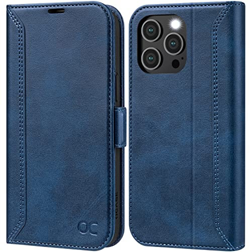 OCASE Custodia per iPhone 14 Pro, con Portatessere Interno TPU Antiurto Portafoglio [RFID Blocking] Custodia di Pelle Flip Cover per iPhone 14 Pro 6,1 Pollici (Serie Retro, Blu)