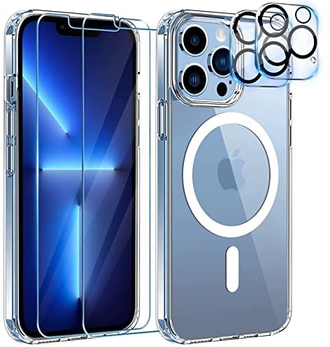 YisrLery 5 en 1 Magnétique Coque pour iPhone 13 Pro Max avec 2 Protection écran et 2 Caméra Protecteur, Étui Anti-Jaune/Rayures Protection Compatible MagSafe, Antichoc Housse Case (Transparent)