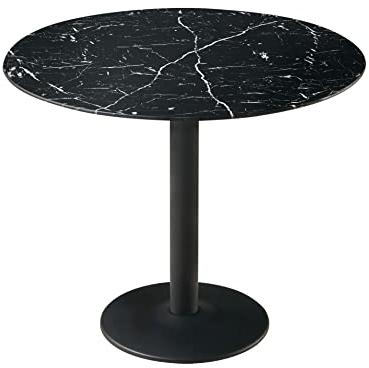 Casa Vital Mesa de comedor TASOLI, mesa redonda de cristal negro con patrón de mármol, columna metálica con recubrimiento en polvo, fácil montaje, 90 x 90 x 75 cm, mesa alta, 30 kg máx