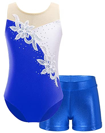 FEESHOW Kinder Turnanzug Mädchen Turntrikot Ärmellose Gymnastik Ballett Body Gymnastik Shorts Set Wettkampf Trainingsanzüge Tanzoutfit Königsblau 134-140