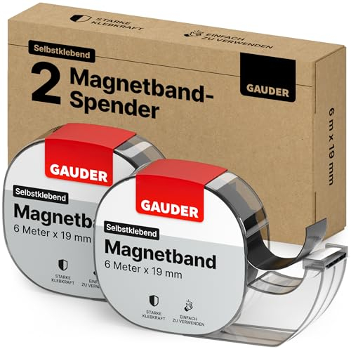 GAUDER Bande Magnétique avec Distributeur - Ruban Magnétique Autocollant pour Objets Légers - Ruban Aimanté à Découper pour Cartes Postales & Photos sur Surfaces Métalliques (2 Pièces de 6 m x 19 mm)